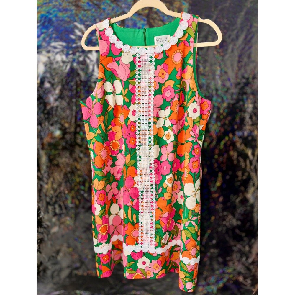 Eliza J Sleeveless Retro 60's Flowers Lace Trim Shift Dress Size 12 Lined